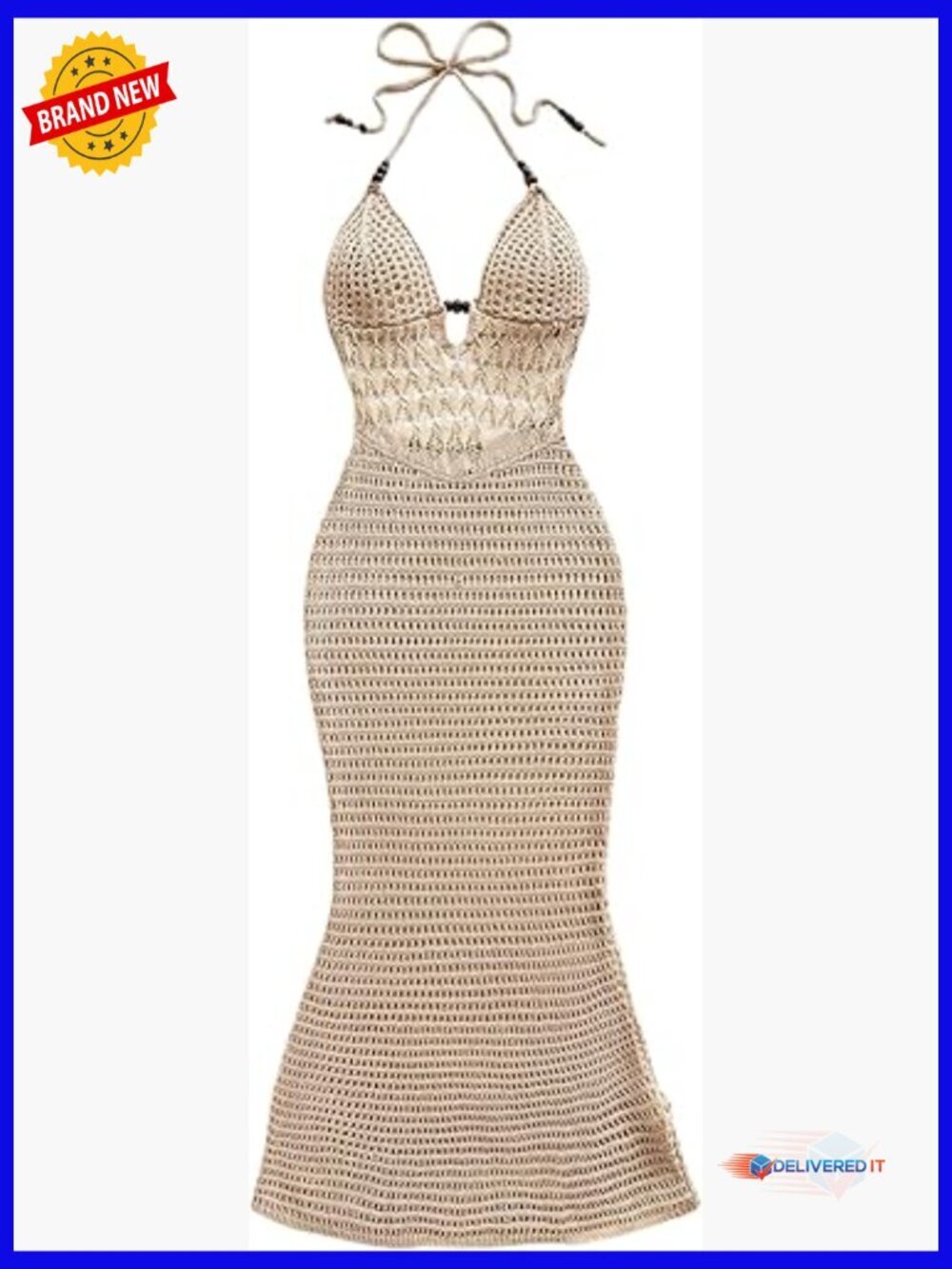 Boho Crochet Halter Maxi Dress Beaded Open Back Deep V Neck Bodycon